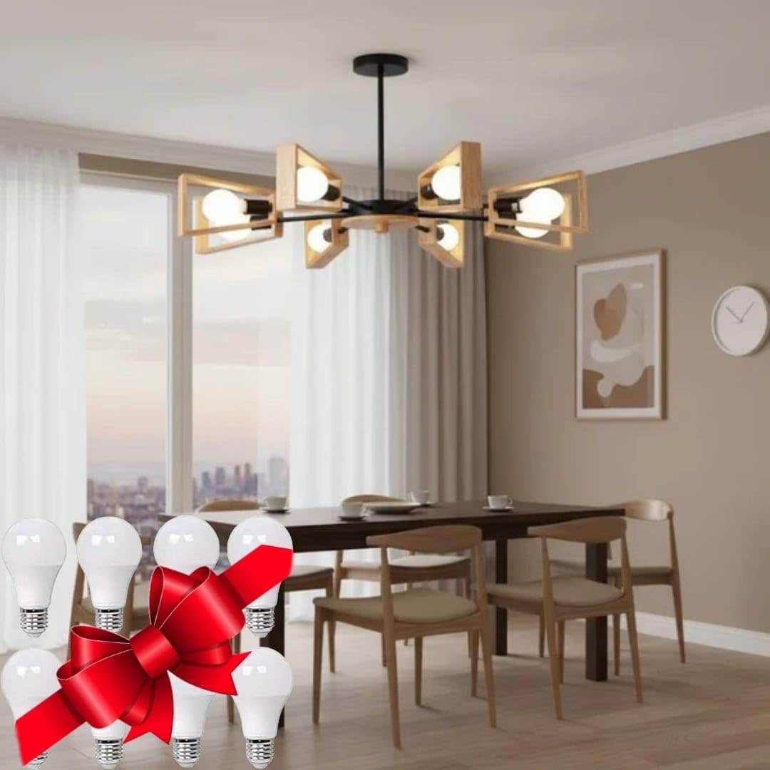 Modern Wood and Metal Chandelier with 8 LED Bulbs, Black, 8-Light - 85cm x 30cm