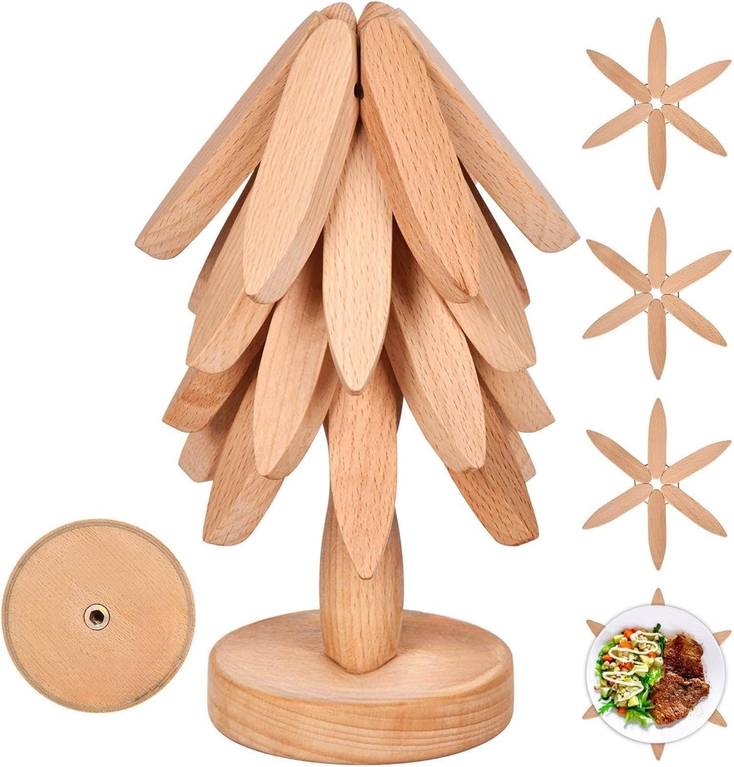 Wooden Trivets for Hot Dishes， Tree Shape Trivet Set,Trivets for Hot Dishes - 4 Wooden Trivet + 1 Stand（Beech Wood）
