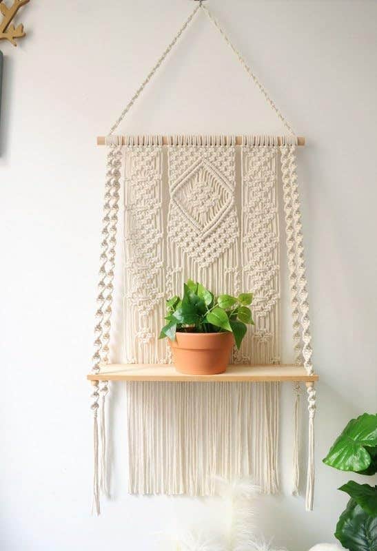Large Macrame Wall Hanging Shelf Handmade - White Cotton & Wood - Home Gallery - 100x60cm