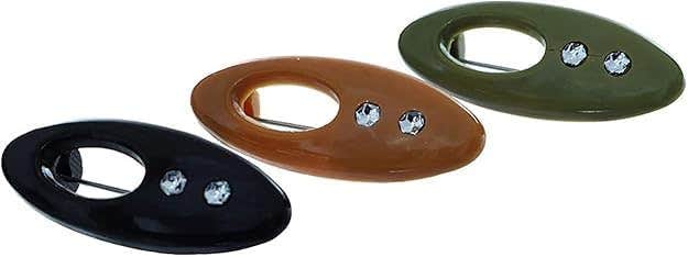 Elegant Oval Brooch Pins Set of 4 - Black, Brown, Green - Fashion Design with Crystals