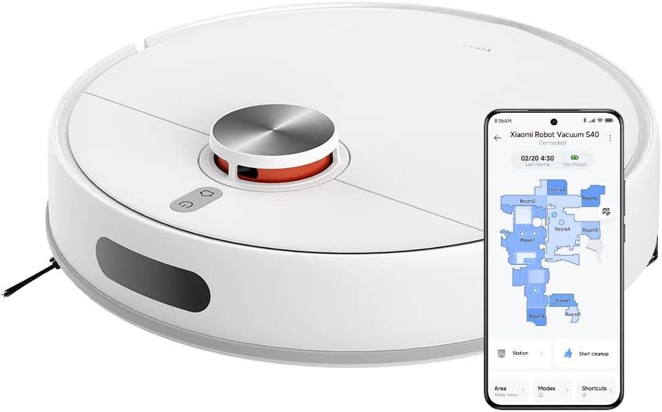 "Xiaomi S40 Robot Vacuum Cleaner with 10,000Pa Suction, LDS Laser Navigation, Dual Tank White"
