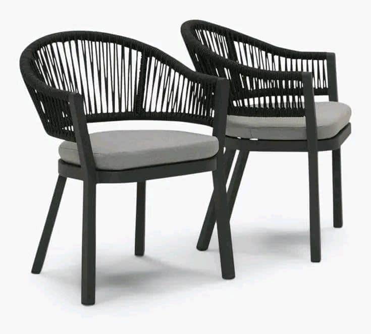 Modern Black Rope Weave Outdoor Dining Chairs Set of 2 with Grey Cushions