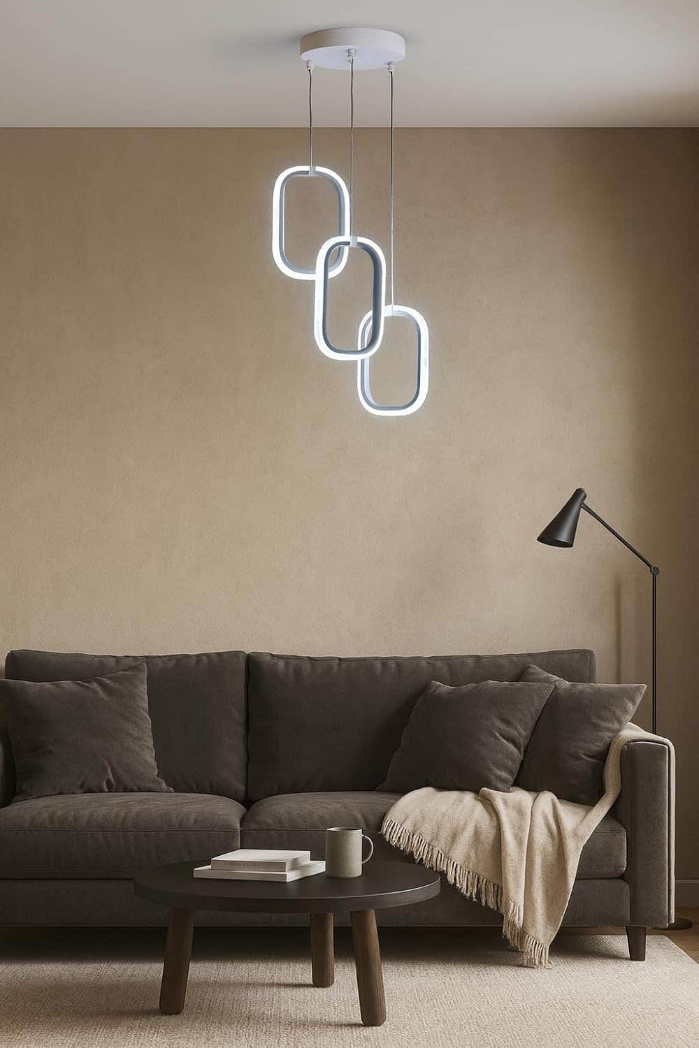Modern Hanging LED Chandelier, 3 Rectangular Rings with Soft Ambient Lighting, Elegant Contemporary Pendant Light for Living Room