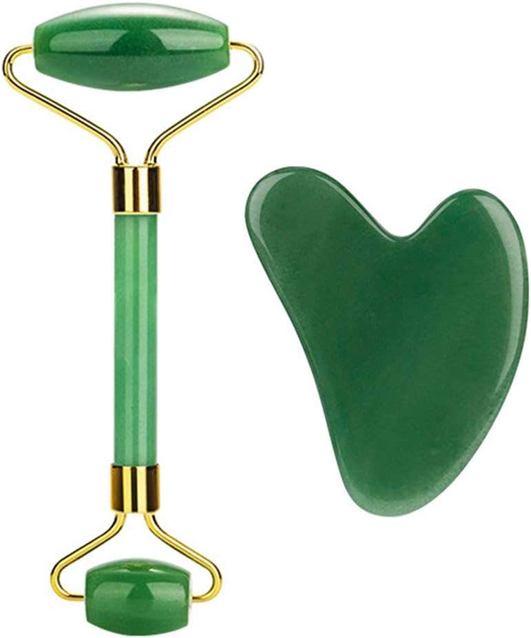 Jade Roller and Guasha Set Natural Jade Skin Roller Guasha Board Anti-aging Massager Tool for Face, Eye, Neck, Forehead and Body, Authentic Jade Skin Care Tools (Dark Green)