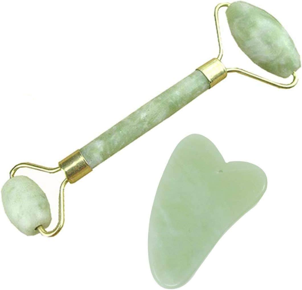 ALLNICE Jade Face Roller and Jade Gua Sha Board Green Quartz Stone Massage Roller Anti-Aging Natural Face Body Healthy Cold Therapy
