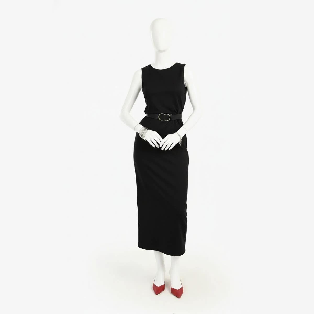 Carinawear Black Slim Fit Cotton Blend Midi Dress - Sleeveless