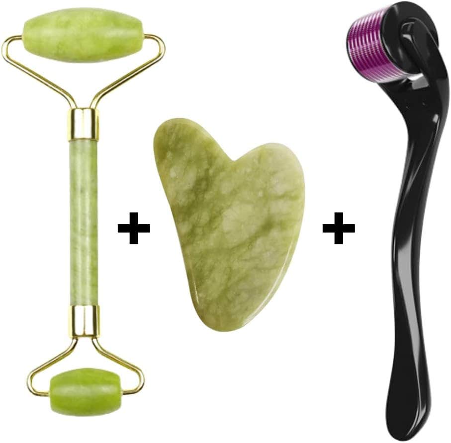 3 in 1 Jade Roller, Gua sha Scraping Facial Massage Tool and Derma Roller