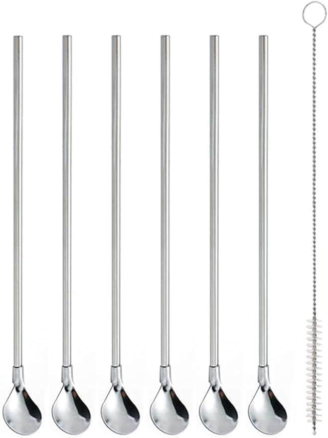 Reusable Drinking Straws with Spoon 304 Stainless Steel Straight Curved Metal Straws with Cleaning Brush, Set of 7