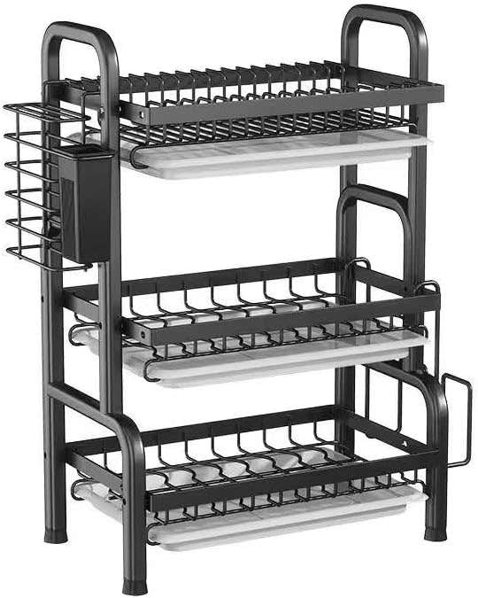 3-Tier Large Capacity Dish Drying Rack with Utensil Holder - Carbon Steel Rust-Proof Kitchen Drainer