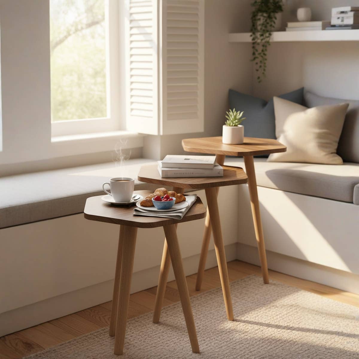 Modern White Nesting Table Set with Wooden Legs - Set of 3 | Space-Saving Design