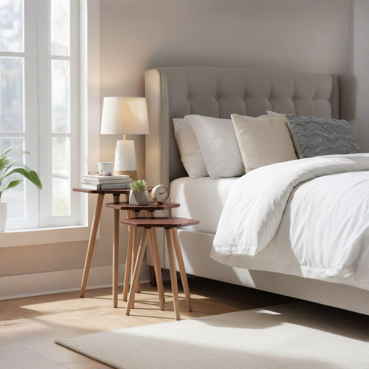 Nesting Table Set - Modern Coffee and Side Tables with a Simple Design and Wooden Legs - Space-Saving Design for Living Room, Bedroom, or Office (تصميم سداسي - 2)