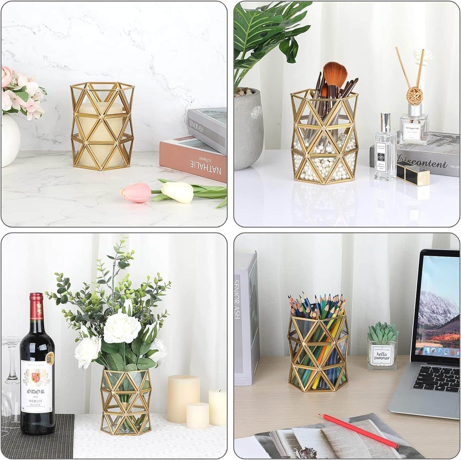 Glass Container, Gold Cosmetic Brush, Makeup, Brass Barrel Storage, Simple Vase, Cosmetic Brush Holder, Makeup Storage Box [Gold]