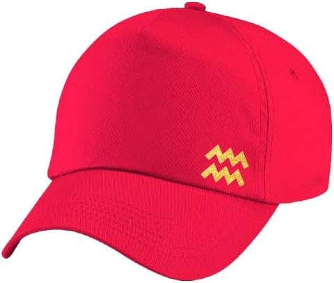 Misriate Classic Red Baseball Cap with Aquariys Zodiac Logo, Golden Color