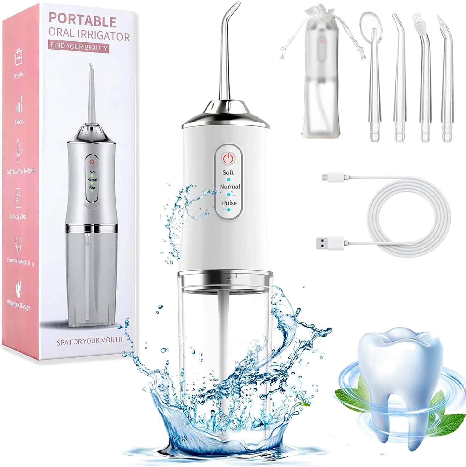 Borfish Portable Cordless Water Flosser | 3 Modes, 4 Tips | Rechargeable Teeth Cleaner | IPX7 Waterproof
