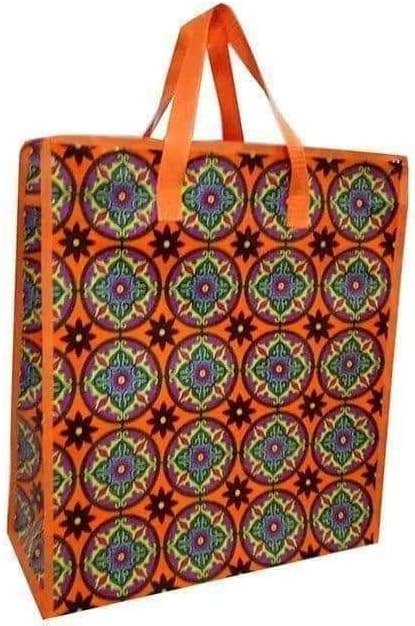 Large Geometric Pattern Shopping Bag in Orange Multi Color - Durable Design & Spacious - Ideal for Daily Use