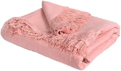 Rosy Geometric Cotton Bed Blanket with Fringe - Lightweight & Stylish