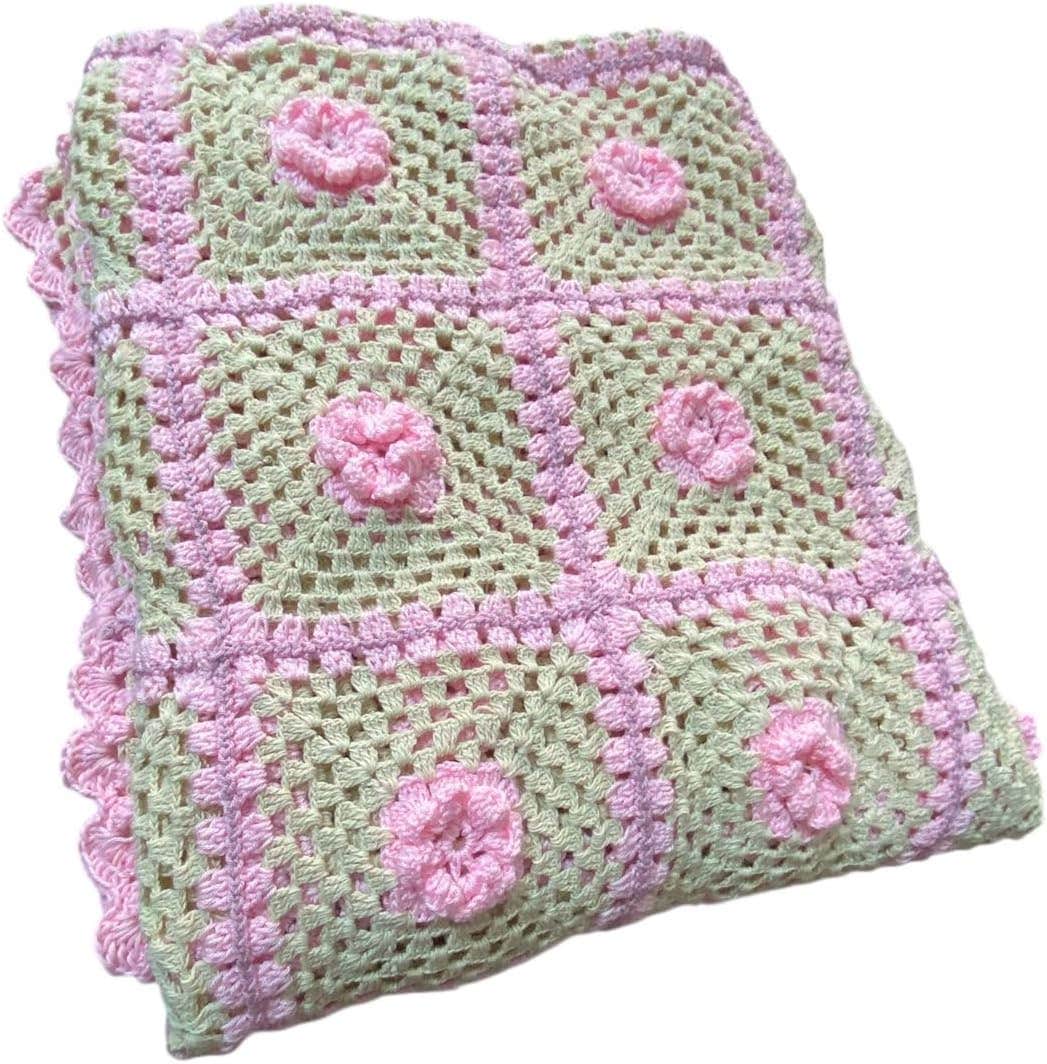 Luxury Handmade Crochet Bedspread with 3D Flowers, Pink & Green Checkered Pattern - Turkish Cotton Yarn - 160x200cm