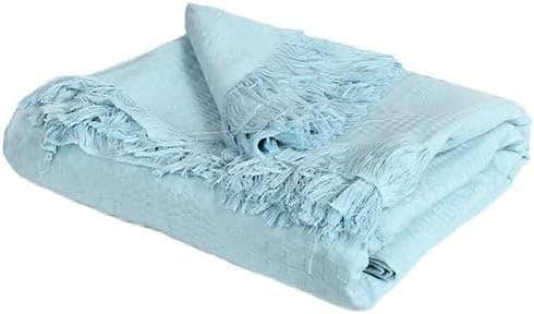Geometric Fringed Cotton Bedspread, Light Blue, King Size - Decorative Tassel Design