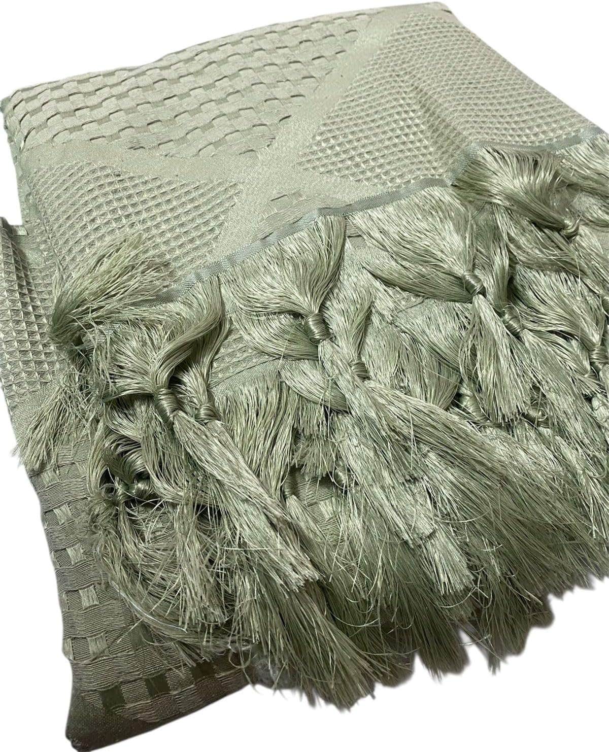 Luxurious Olive Green Woven Bedspread with Tassels - Cotton/Polyester Blend