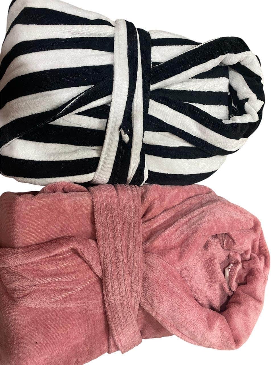 Luxury Couples Robe Set with Slippers - Black, White, Pink Stripes