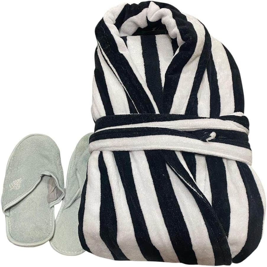 Luxurious Black & White Striped Cotton Bathrobe with Green Slippers