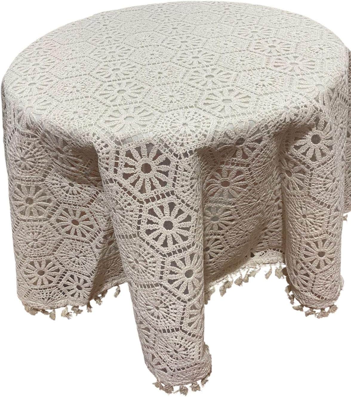 Luxury Handmade Macrame Round Table Runner - Floral Crochet Lace Design - Light Beige - Tassels - Home Decor & Gifts