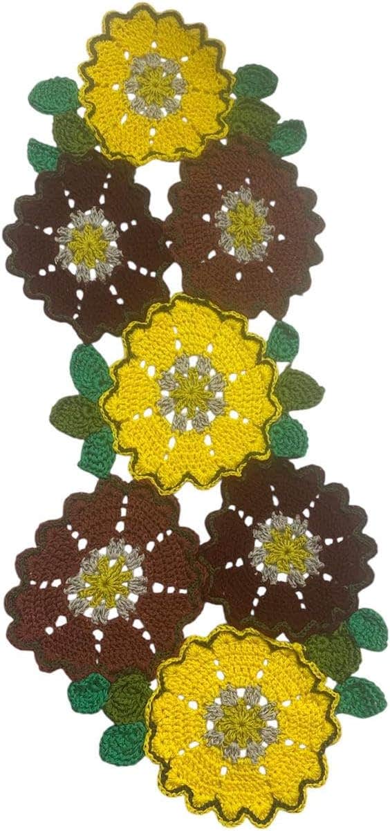 Handmade Crochet Floral Table Runner, Yellow/Brown/Green, Decorative Lace Design