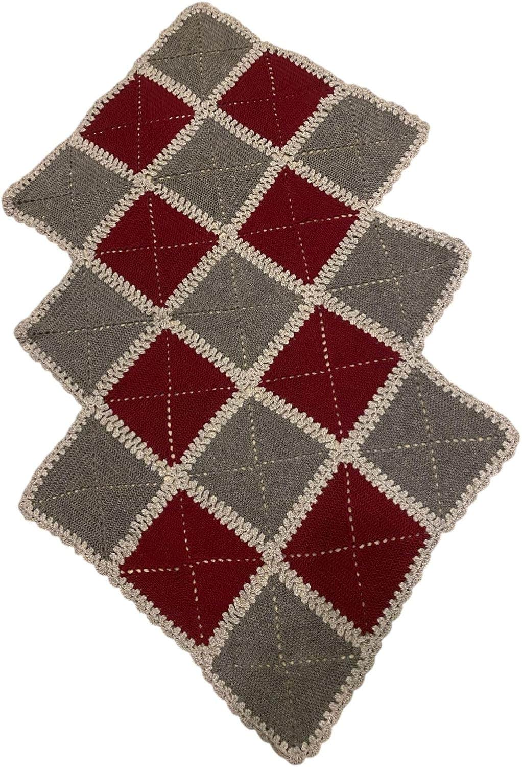 Handmade Crochet Geometric Table Runner - Red Grey Beige Triangle Pattern