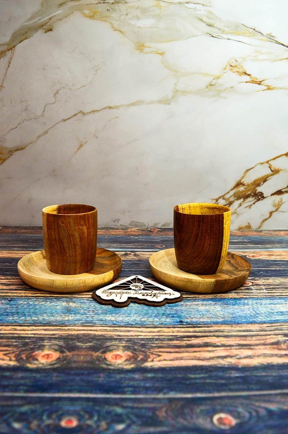 Wooden Coffee Cup + Dish Handmade Healthy Wood 100% Natural Colors From Heart Of Tree