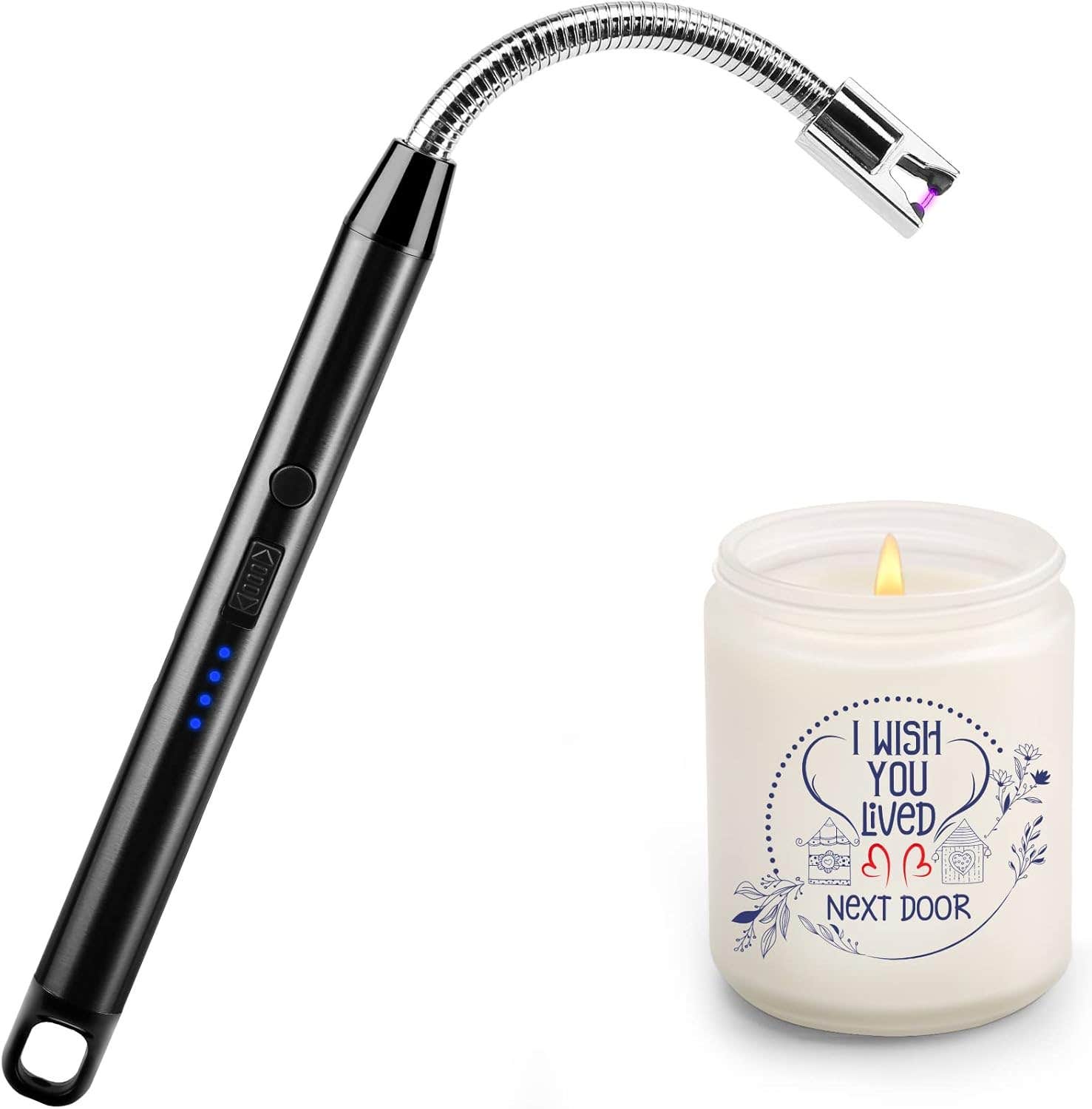 Rechargeable USB Candle Lighter, Electric Arc With 360° Flexible Neck LED Battery Display, Flameless for Camping BBQ, Windproof (Black)
