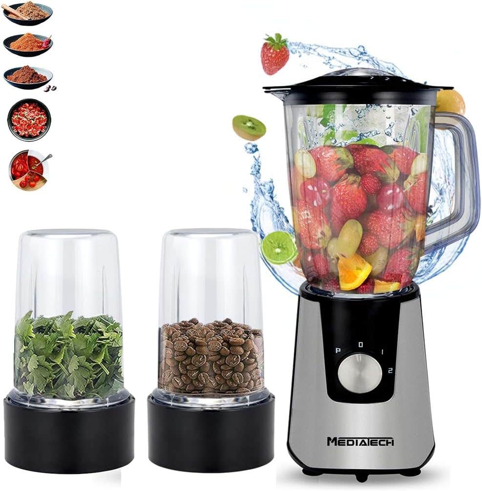 MediaTech 600W Smoothie Blender, 1.5L Capacity, Stainless Steel Blades - Black