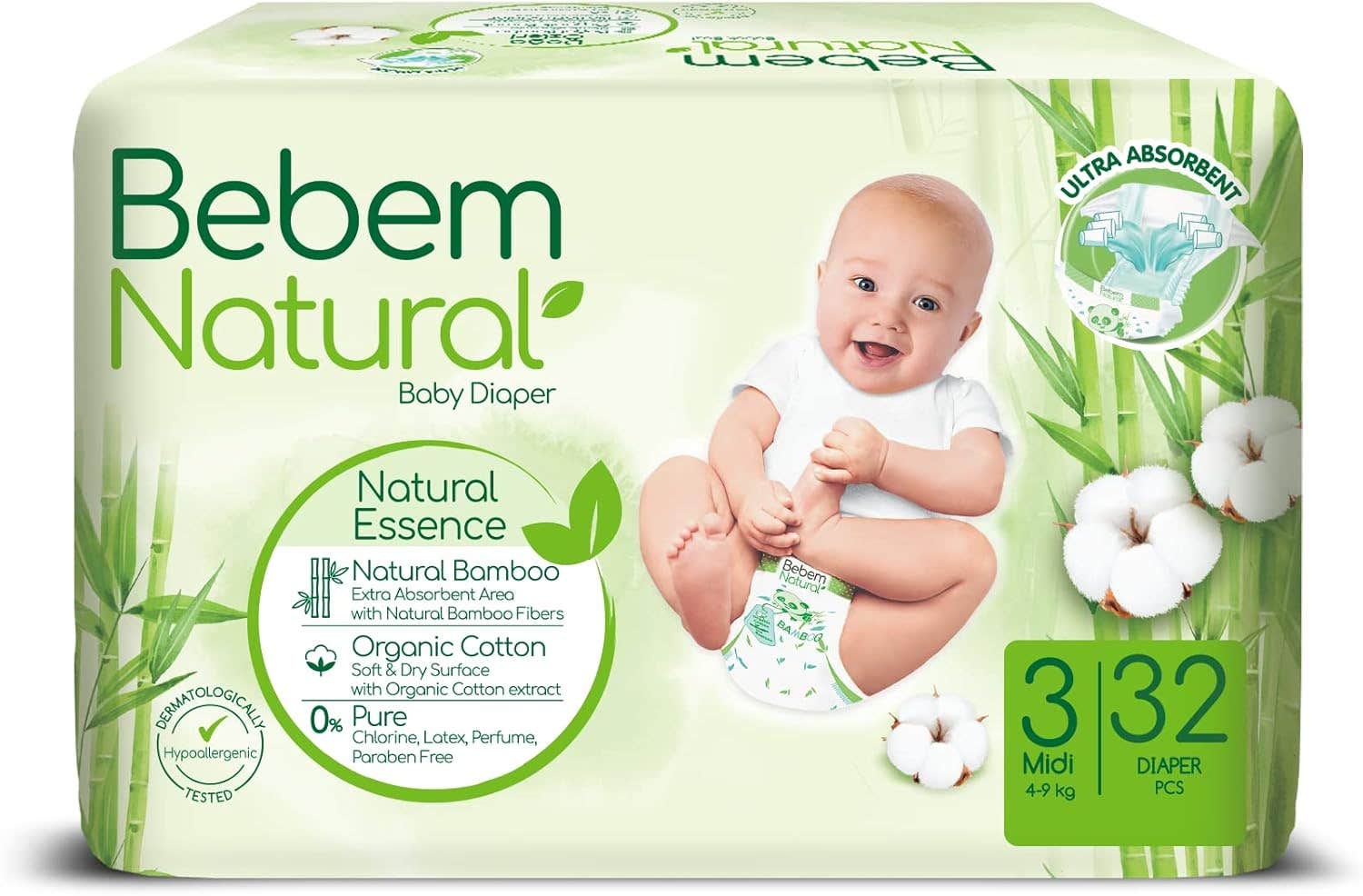 Bebem Natural - Baby Diapers - Twin Pack - Midi Size 3 - 32 Pieces