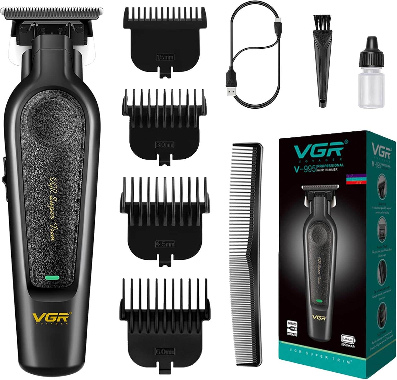 VGR 995 Professional Hair Trimmer for Men, Cordless Beard Clipper with 4 Guide Combs