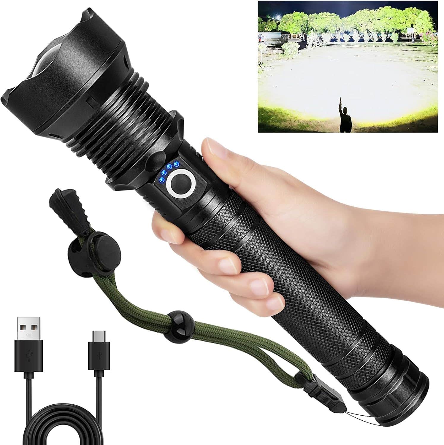 Cinlinso Rechargeable LED Flashlight, 990,000 Lumens, 5 Modes, Waterproof