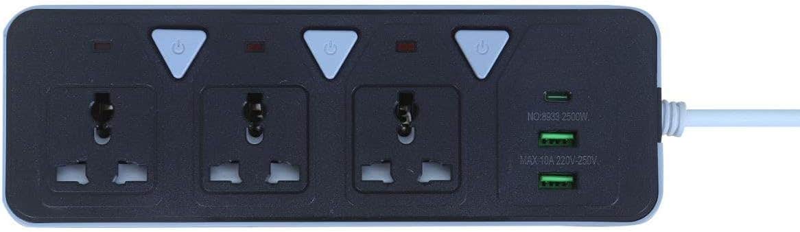 Power Strip (Power Strip) 2500W, 3 Power Outlets with Separate Controls with Indicator Light for Each Port, 2 USB Ports and 1 Type-C Port, Black