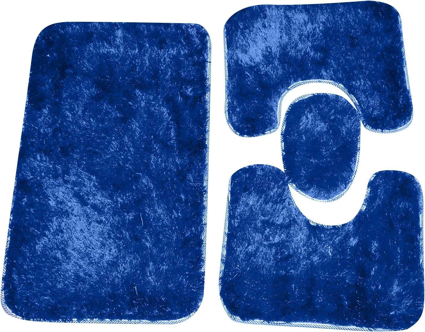 High Quality Blue Shag Bath Mat Set - 4 Piece Microfiber - Non Slip