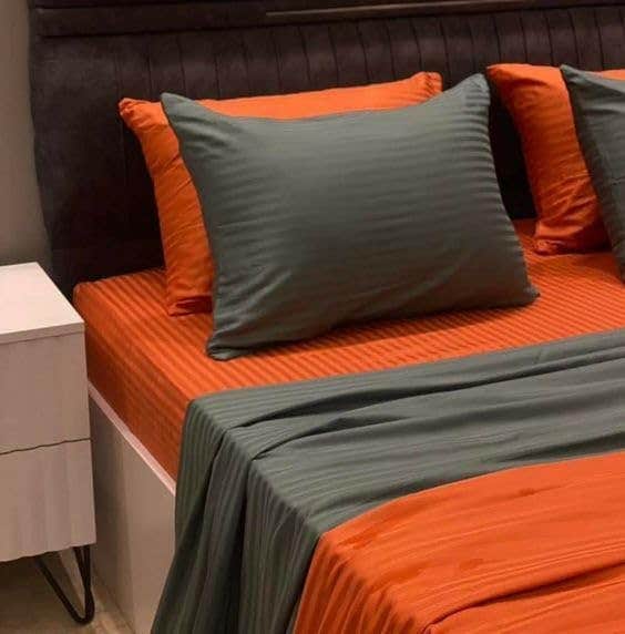 Luxurious 6-Piece Two Tone Striped Bed Sheet Set - Orange&Grey - Polycotton - Breathable - Hotel Style