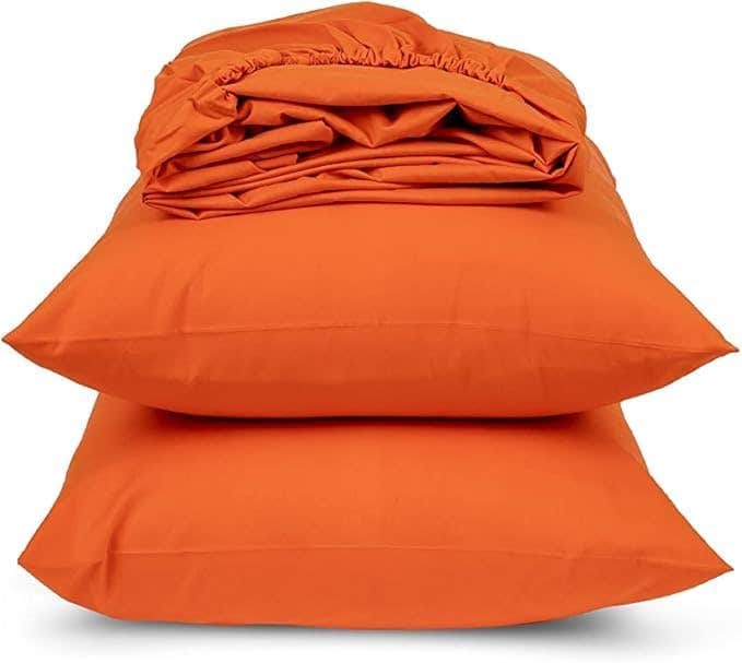 Orange Polycotton Sheet Set - 4-Piece Solid Fitted Bedding (180x200)