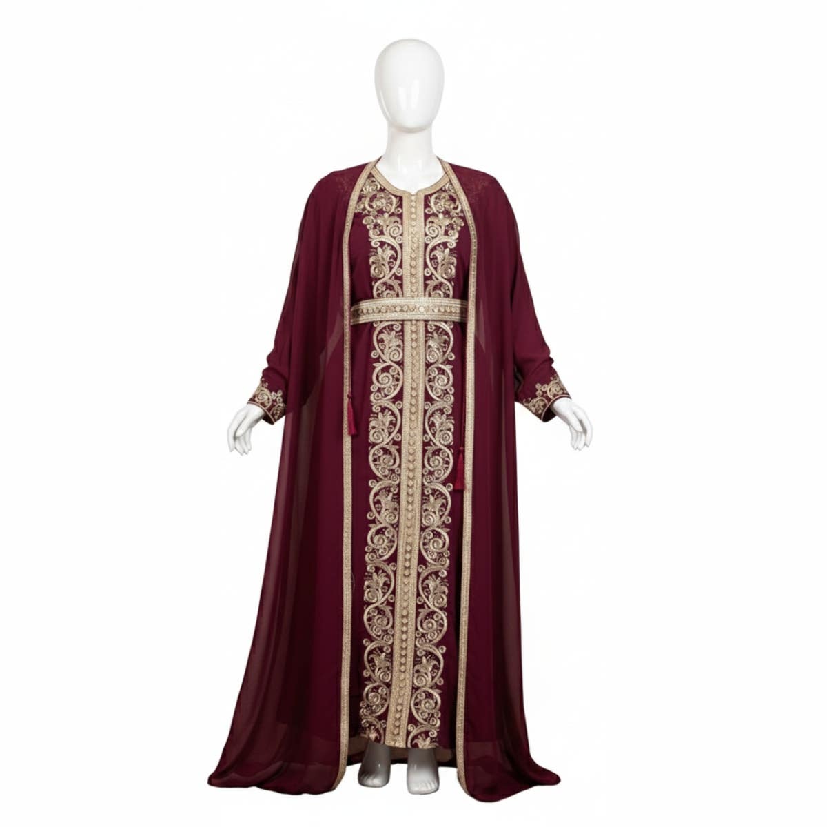 Women's Abaya - Gamal Sons, Chiffon, 3 Pieces, For Occasions - Dark Red