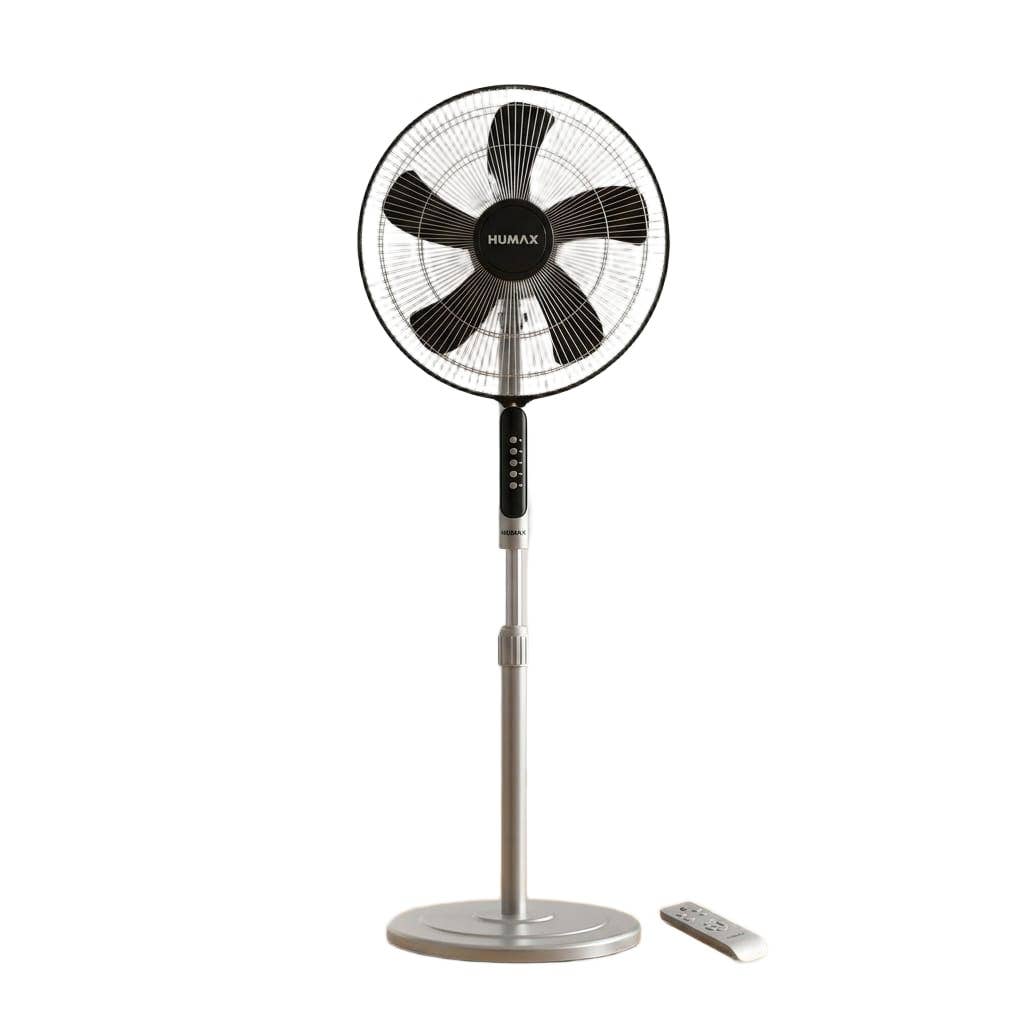 Humex Stand Fan with Metal Blades, 16 Inch, 3 Speeds, 5 Blades, with Remote Control - Silver