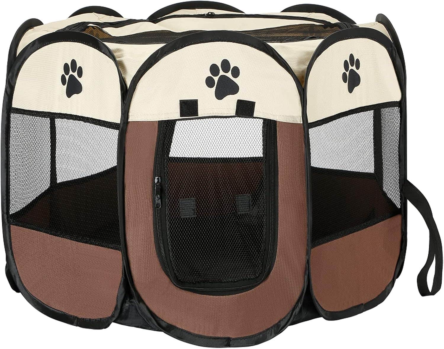 Tiandirenhe Portable Pet Playpen for Dogs & Cats - Brown Oxford Cloth Octagonal Tent