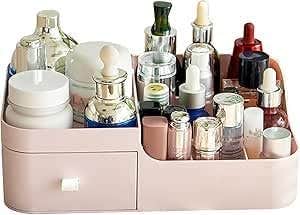 Pink Plastic Cosmetic Storage Box with Drawer and 6 Compartments - Makeup Organizer for Cosmetics, Lipsticks, Nail Polish - Durable Organizer