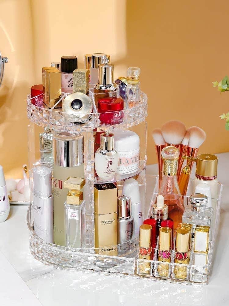 360° Rotating Makeup Organizer with Adjustable Shelves - Clear Cosmetic Storage