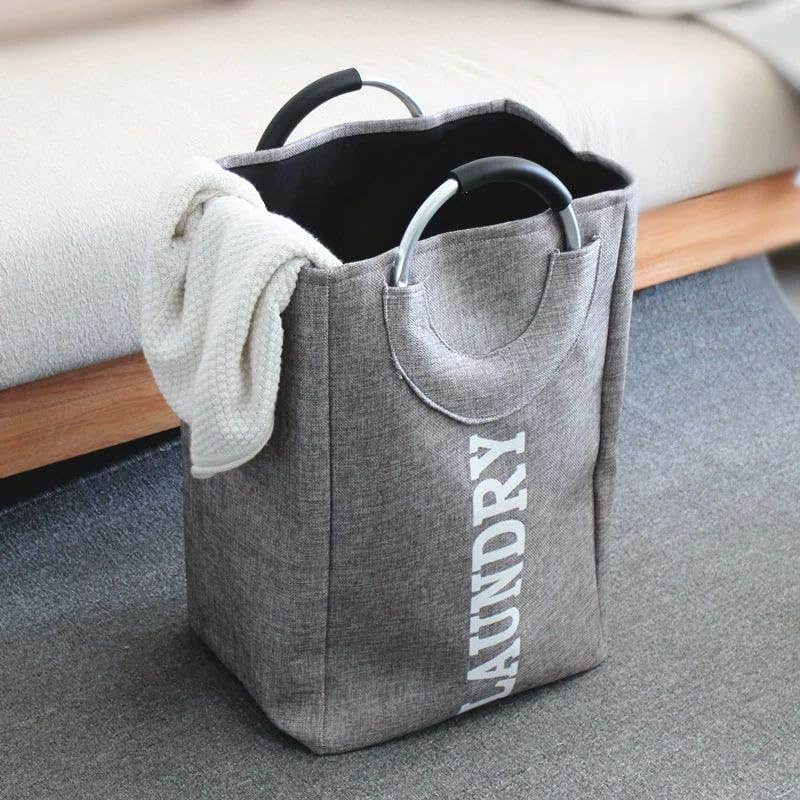Foldable Laundry Basket with Metal Handles - Large Capacity, Durable Fabric, 35×35×60 cm - Grey