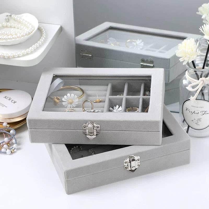 Acrylic Jewelry Storage Box Organizer - Gray Quatrefoil - Adjustable Compartments