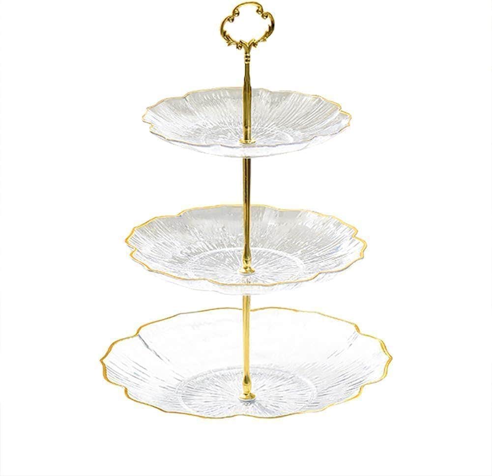 3-Tier Gold Cake and Dessert Serving Tray with Clear Trays - Elegant Design