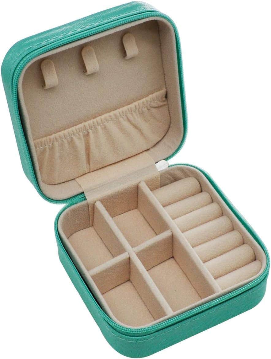 Portable Travel Jewelry Box, Leather Organizer Case with Hooks & Removable Dividers, Waterproof, Compact Size, Mint Green