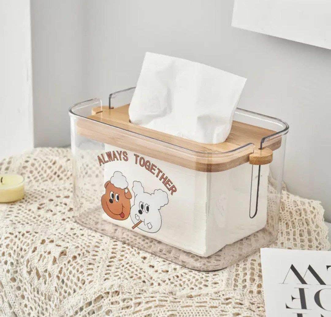 Modern Acrylic Tissue Dispenser with Bamboo Lid - Transparent, Rectangular - Home & Office Organizing