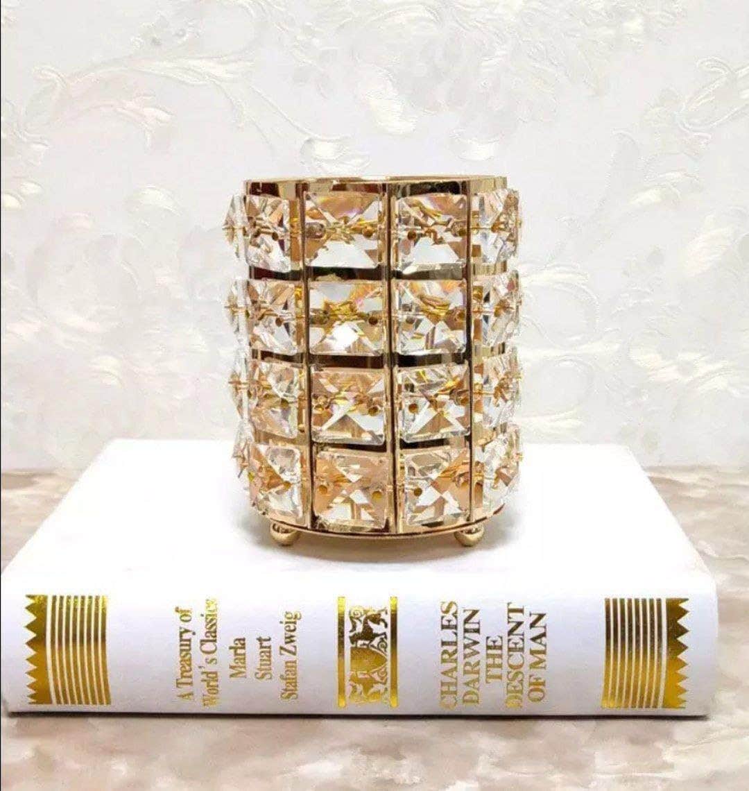 Handmade Crystal Makeup Brush Holder - Gold, Portable Desk Organizer for Cosmetics and Office Supplies