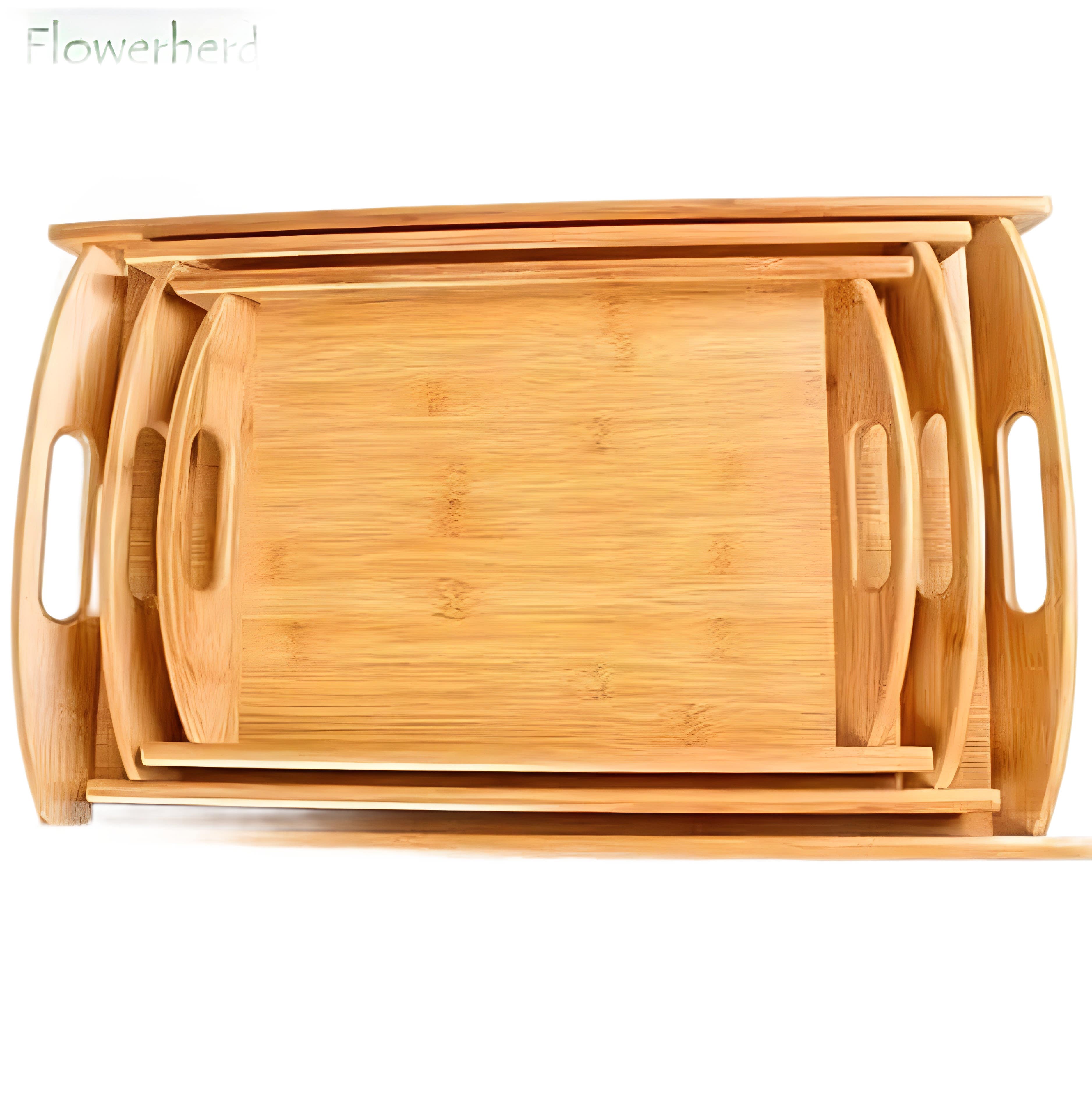 Bamboo Serving Tray Set - Natural Brown Wood with Handles, 3-Piece, Ideal for Home & Kitchen Decor - Wooden